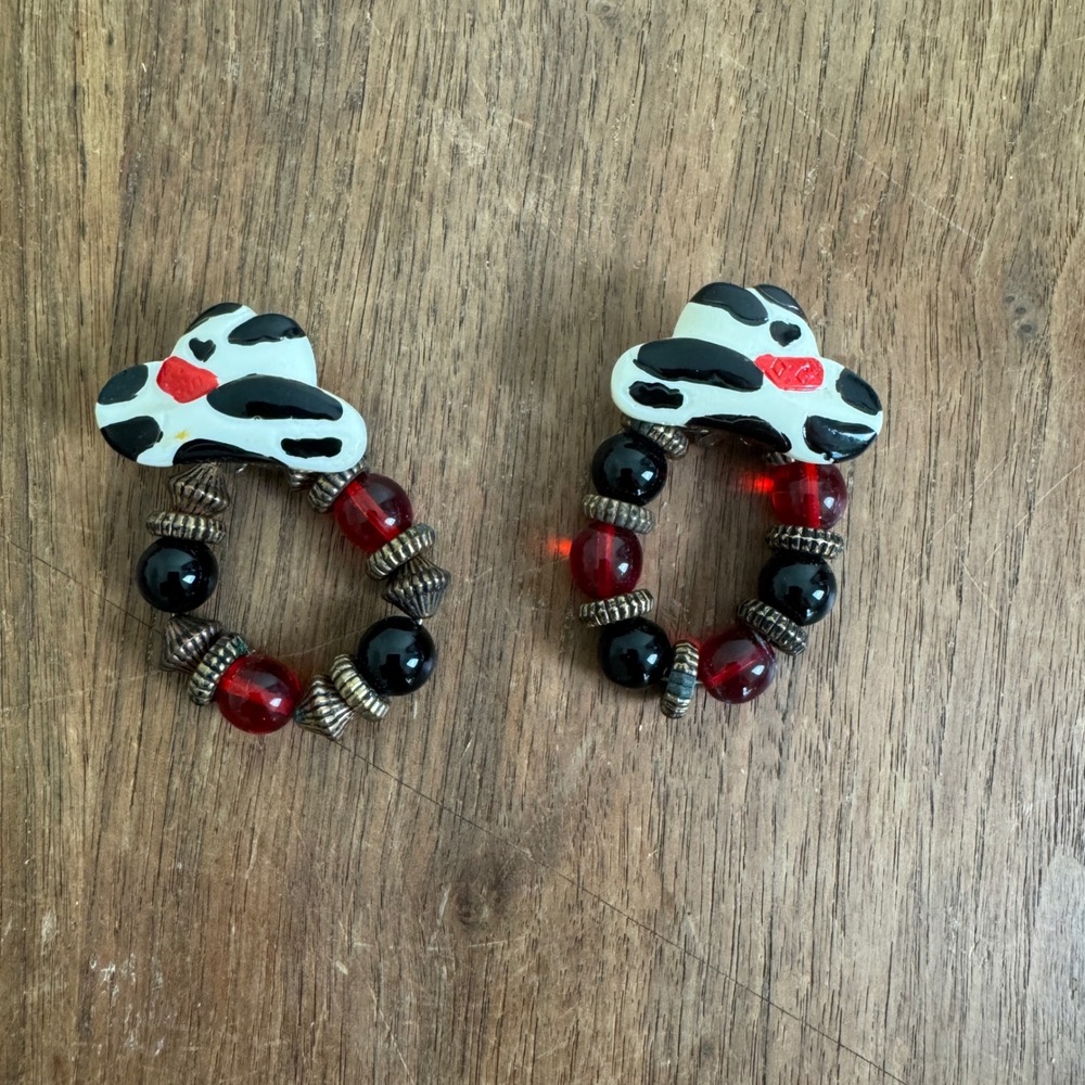 Vintage Red Black White Cowgirl hat with beaded dangle accent pierced ears